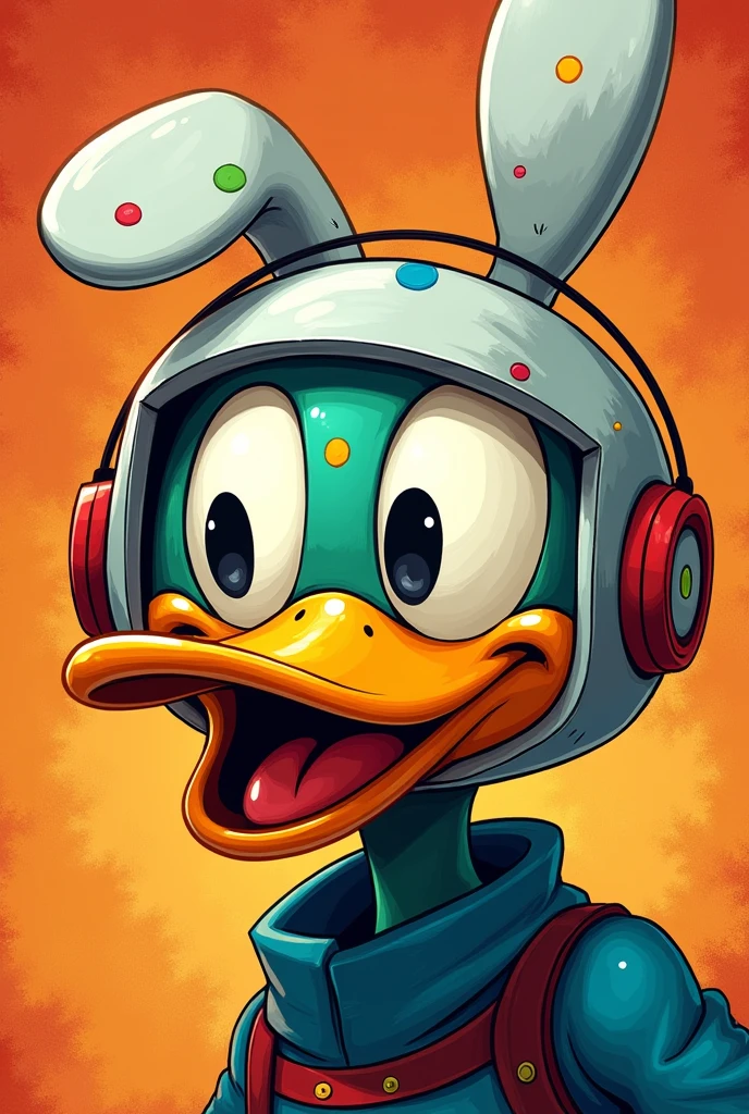 Cuphead style duck drawing, just the face, 2d, duck style, model logo, com um headset