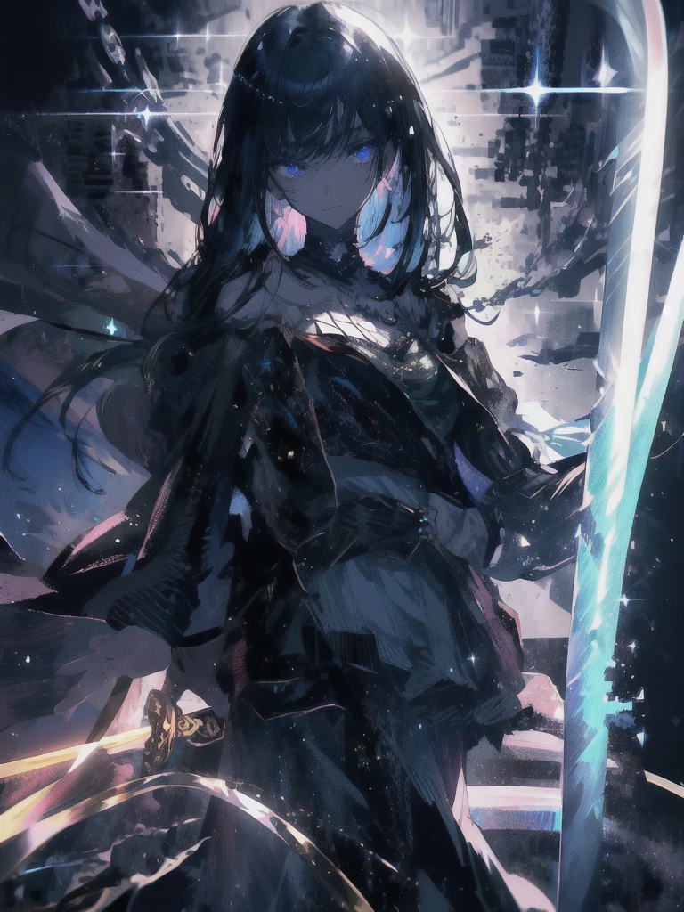 Holding a one-handed sword、Please take the black sword.、((masterpiece, highest quality, Super detailed, High resolution)), alone, beautiful girl, shining eyes, perfect eyes, 15 years old, black white gold theme,