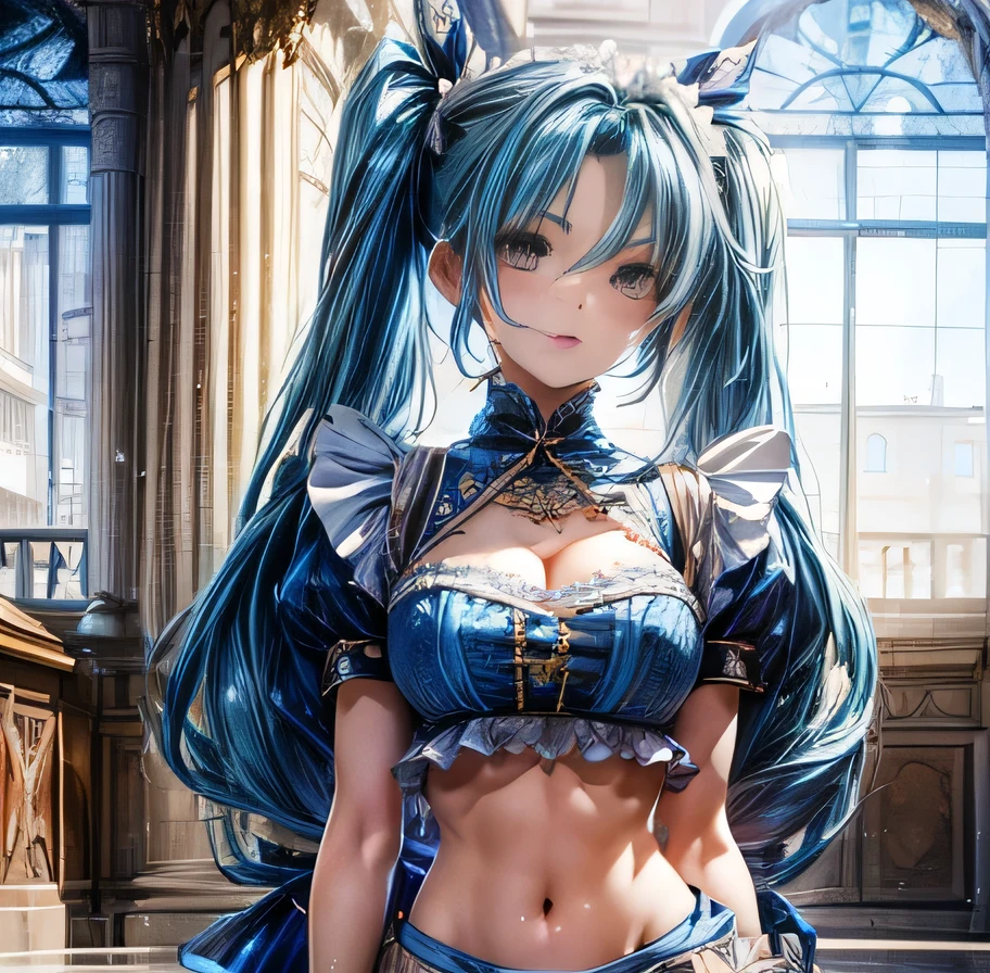 nikke Prepati Blue Hair Twin tails Sexy pose High-class maid outfit with exposed midriff Palace of Versailles Beauty