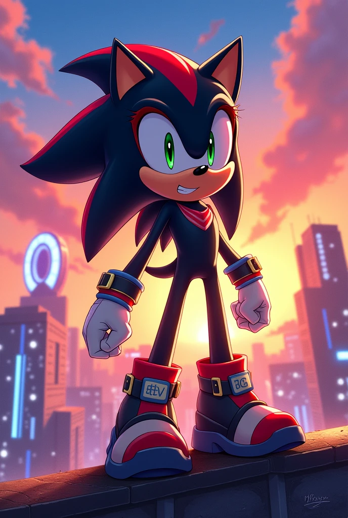 Can you make me a picture of Sasha the hedgehog, daughter of Shadow and Sonic the hedgehog?