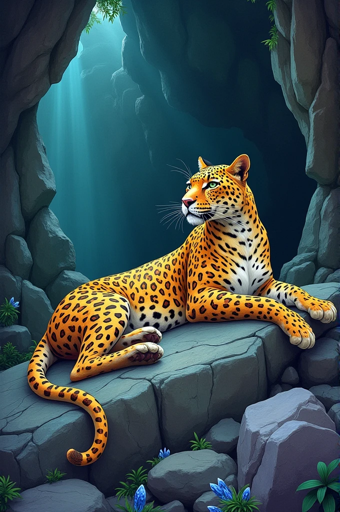 Create a sketch-style drawing of a serene, underground leopard on a mountain, incorporating Guatemalan Mayan symbolism.