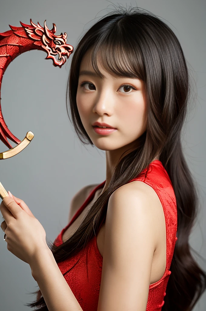 Jilin beauty athletes,Very tall body,Wearing red Chinese dragon girl Hanfu,Chinese style hand held sword,Elongated jaw,
