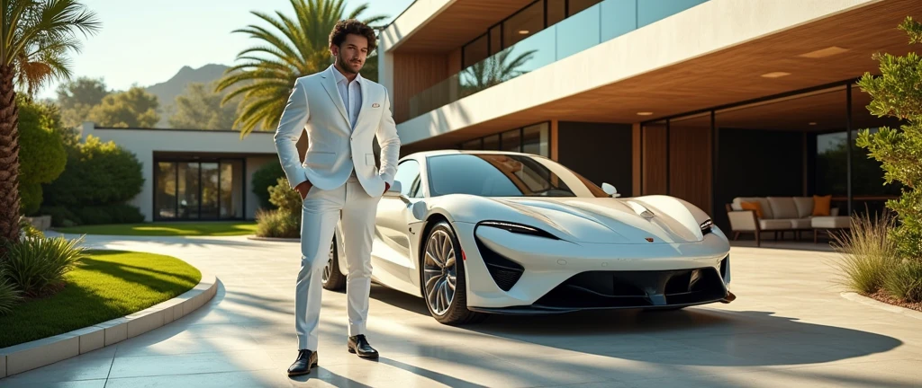 A handsome young man in white shuit standing in front of his luxury bungalow, beside his luxurious car.
