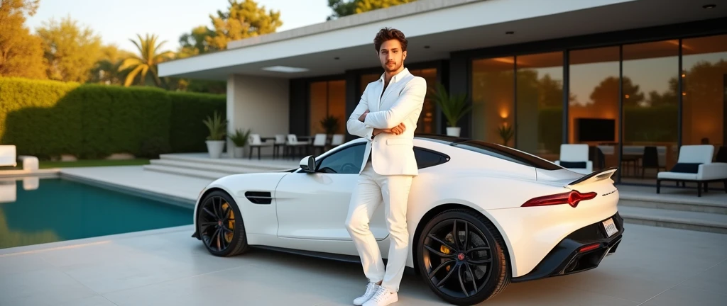 A handsome young man in white shuit standing in front of his luxury bungalow, beside his luxurious car.