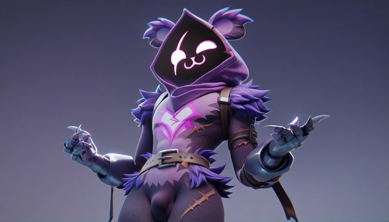 1boy, Raven team leader,purple hoodie, with no face, shadowed face, animal ears,purple skin, scar on eye, body skin, purple fur, waist belt, torso symbol, metal gloves, femboy, 