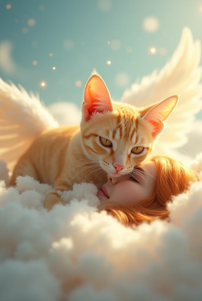 Image of a male cat, Slender yellow, slightly orange with sweet honey-colored eyes. He looks calm, this cat has angel wings and is in heaven on top of a cloud looking at a 40-year-old woman who looks down at him. Down below she is lying in bed and the cat is like in a dream. This woman has long, red hair and waves to him .