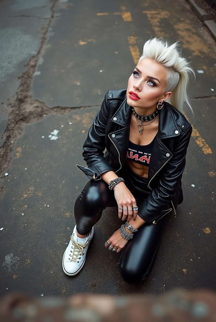 old russian milf, platinum blonde hair, long neck, long hair in pompadour male style with shaved sides but long in the back. Big light blue eyes, very pale, excess of makeup. Wearing black moto jacket with popped up collar, cropped rock band t-shirt with low neckline, black shiny leggings and dirty white tennis sneakers. Big loop earrings. Wide tacky belt with big buckle, dog collar, lots of rings and studded bracelets , Full body, kneeling with thumbs in pockets in the street, looking up in awe. Point of view from above