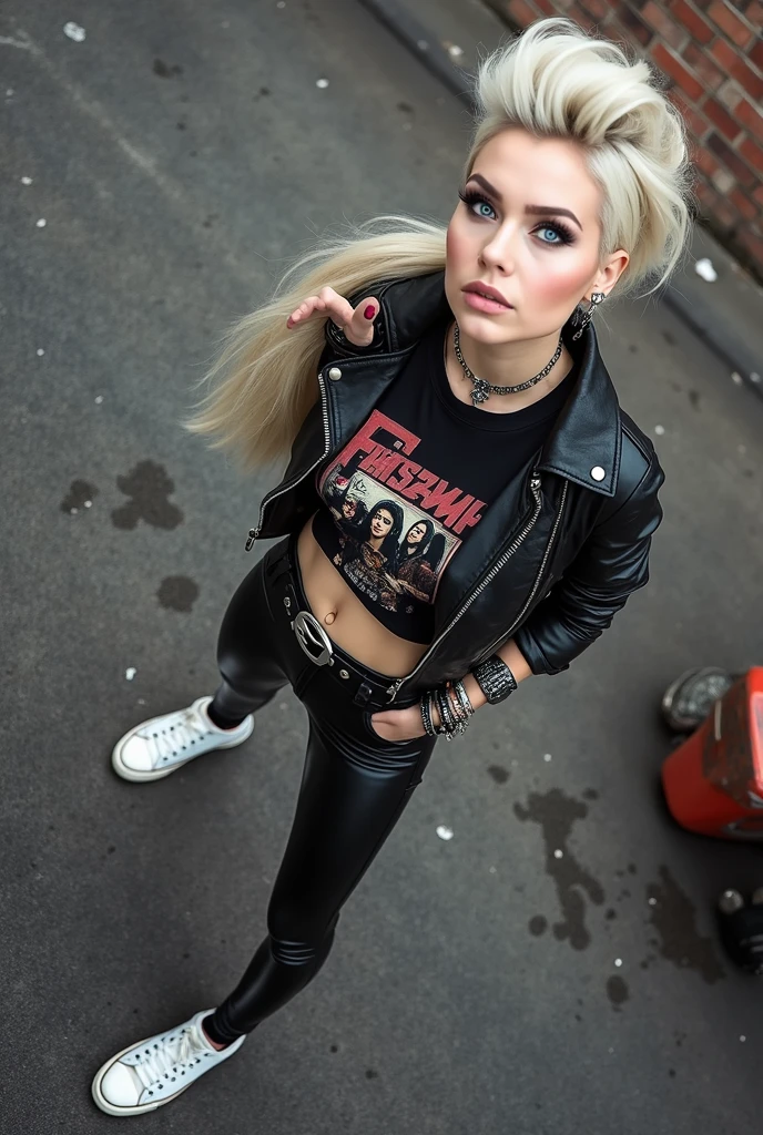 old russian milf, platinum blonde hair, long neck, long hair in pompadour male style with shaved sides but long in the back. Big light blue eyes, very pale, excess of makeup. Wearing black moto jacket with popped up collar, cropped rock band t-shirt with low neckline, black shiny leggings and dirty white tennis sneakers. Big loop earrings. Wide tacky belt with big buckle, dog collar, lots of rings and studded bracelets , Full body, kneeling with thumbs in pockets in the street, looking up in awe. Point of view from above