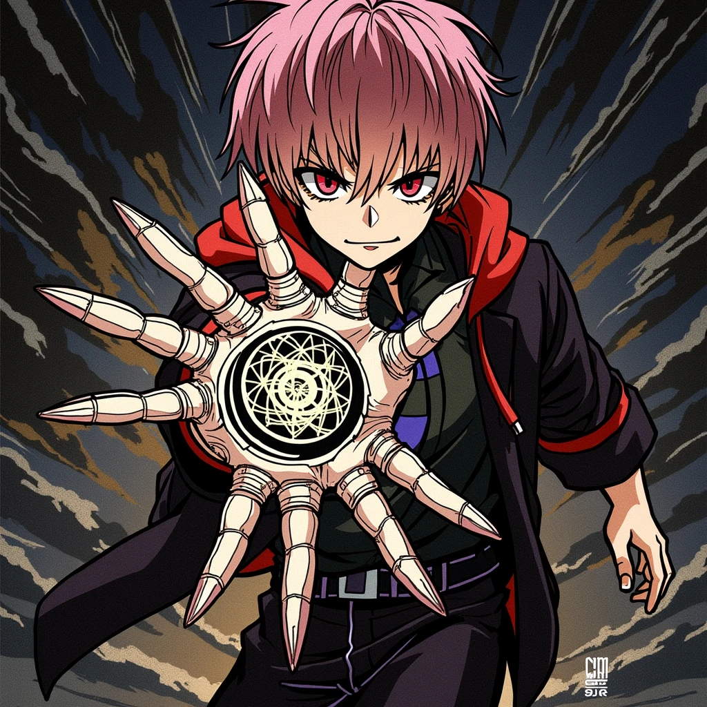 Yuji Itadori: A youthful, energetic protagonist with short pink hair and sharp, determined eyes. He wears a black school uniform with a red hoodie underneath. Yuji should be in a dynamic pose, showcasing his athletic build, with a slight smirk that conveys his confident and kind nature. His hand could be glowing with cursed energy, with intricate details that pop in 8K quality, highlighting his immense power.