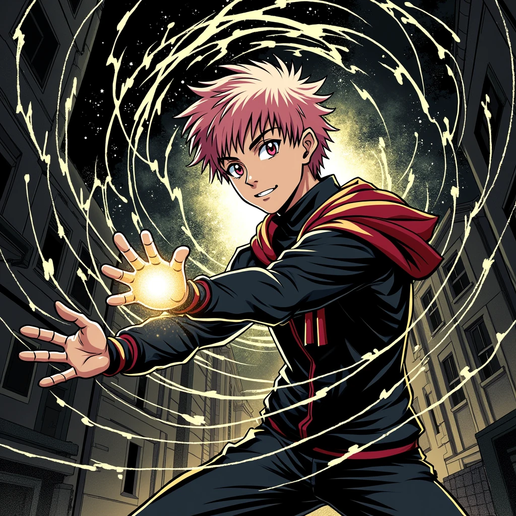 Yuji Itadori: A youthful, energetic protagonist with short pink hair and sharp, determined eyes. He wears a black school uniform with a red hoodie underneath. Yuji should be in a dynamic pose, showcasing his athletic build, with a slight smirk that conveys his confident and kind nature. His hand could be glowing with cursed energy, with intricate details that pop in 8K quality, highlighting his immense power.