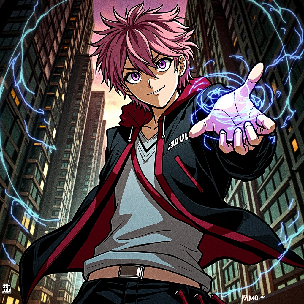 Yuji Itadori: A youthful, energetic protagonist with short pink hair and sharp, determined eyes. He wears a black school uniform with a red hoodie underneath. Yuji should be in a dynamic pose, showcasing his athletic build, with a slight smirk that conveys his confident and kind nature. His hand could be glowing with cursed energy, with intricate details that pop in 8K quality, highlighting his immense power.