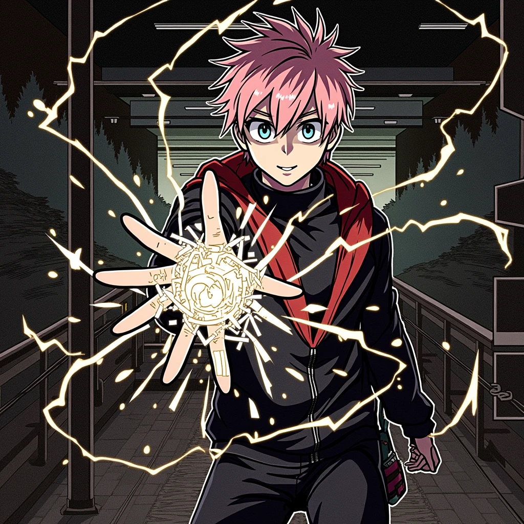 Yuji Itadori: A youthful, energetic protagonist with short pink hair and sharp, determined eyes. He wears a black school uniform with a red hoodie underneath. Yuji should be in a dynamic pose, showcasing his athletic build, with a slight smirk that conveys his confident and kind nature. His hand could be glowing with cursed energy, with intricate details that pop in 8K quality, highlighting his immense power.