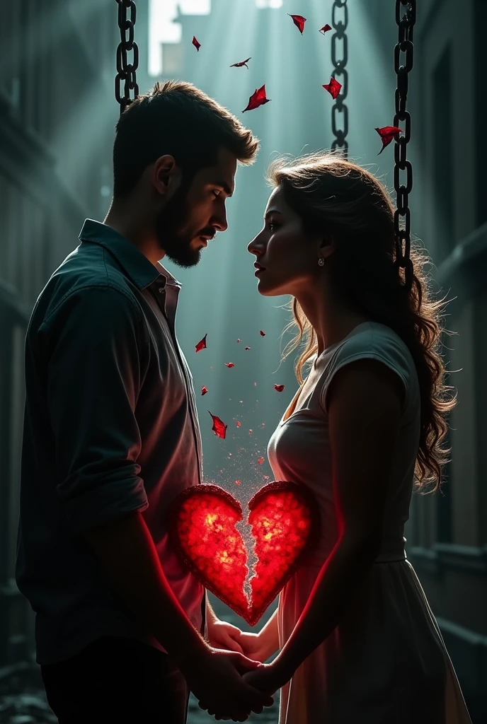 Create an image of a man and a woman fighting with emotional abuse and breaking the cycle of violence with chains
. Their red hearts are broken and both sad. clear image. Both are breaking free. BREAKING THE CYCLE 