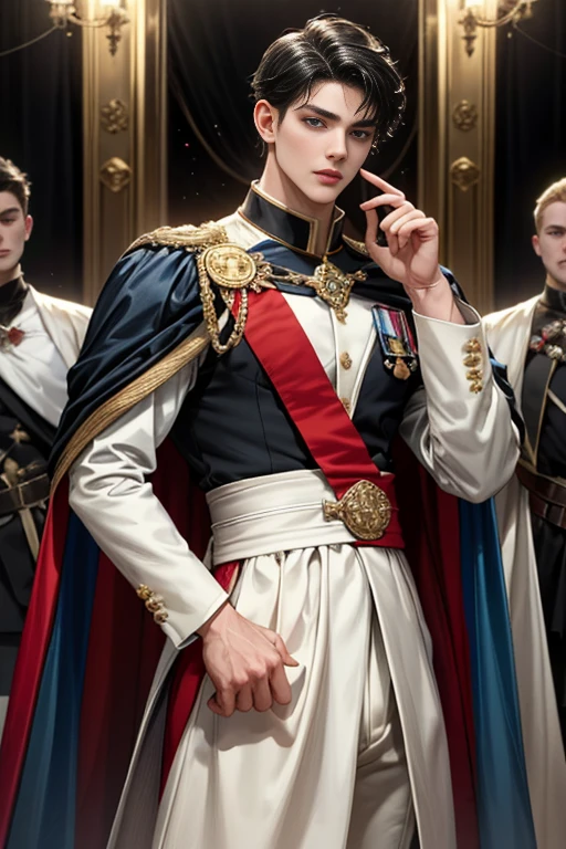 masterpiece, 最high quality, high quality, 1 boy, alone, Male focus, Watching the audience, Messy black hair, Adorable big blue eyes, White, Noble, Noble, Sexy Bomber Cape、A very voluminous, large, very large, very large, long, long red and black cape with a high stand-up collar, made of a lot of fabric that reaches down to the floor., ,Cute beautiful boys,Cute, cute, kind, handsome guy