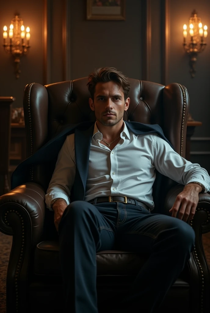 Create a cover for a Wattpad book that includes the following: It should be a realistic image of a mob boss sitting in a chair with a 25-year-old man with no beard sitting on his lap. 