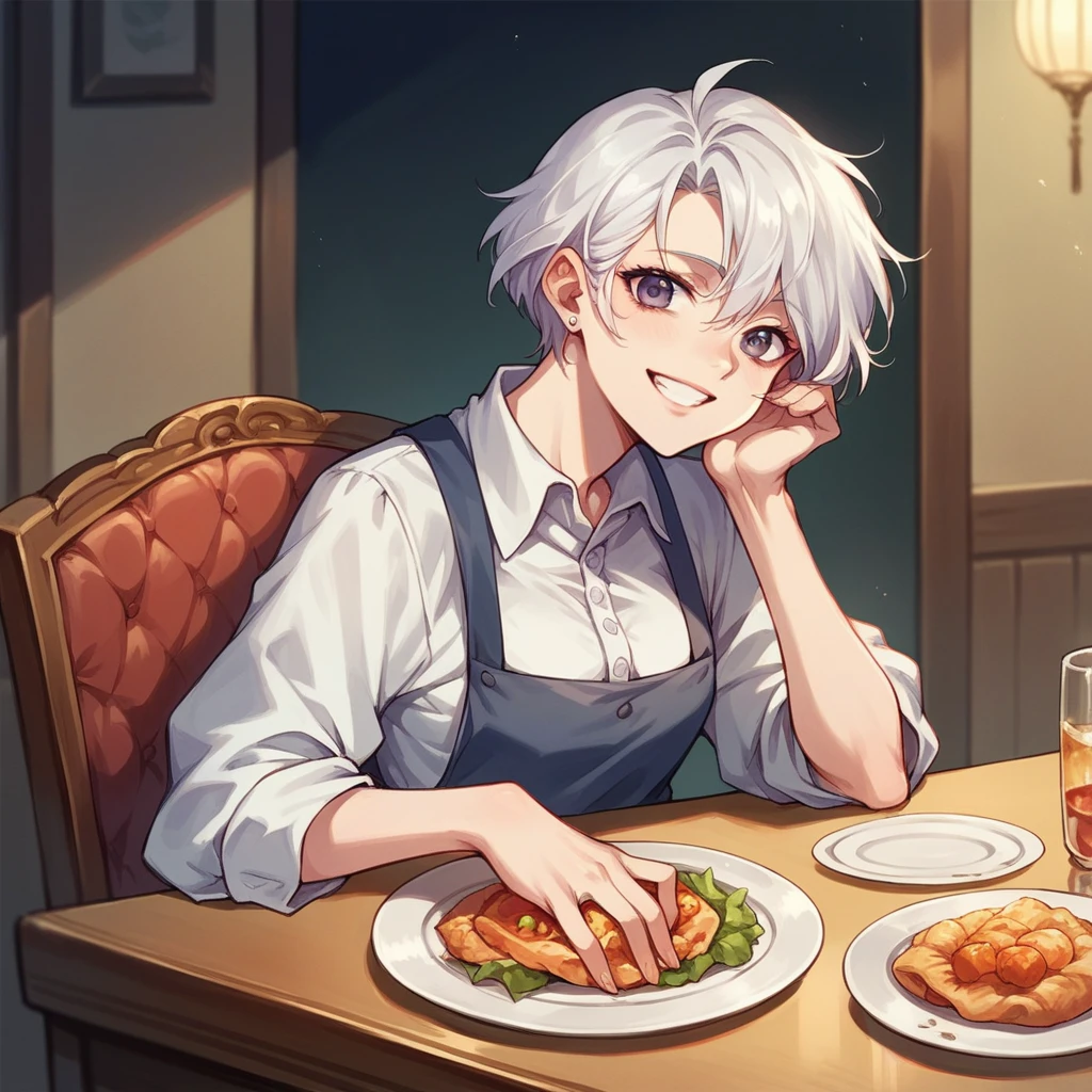 your wife (in her 30s and passed away) is sitting across from you at a dinner table. she has short white hair and is smiling softly at you.