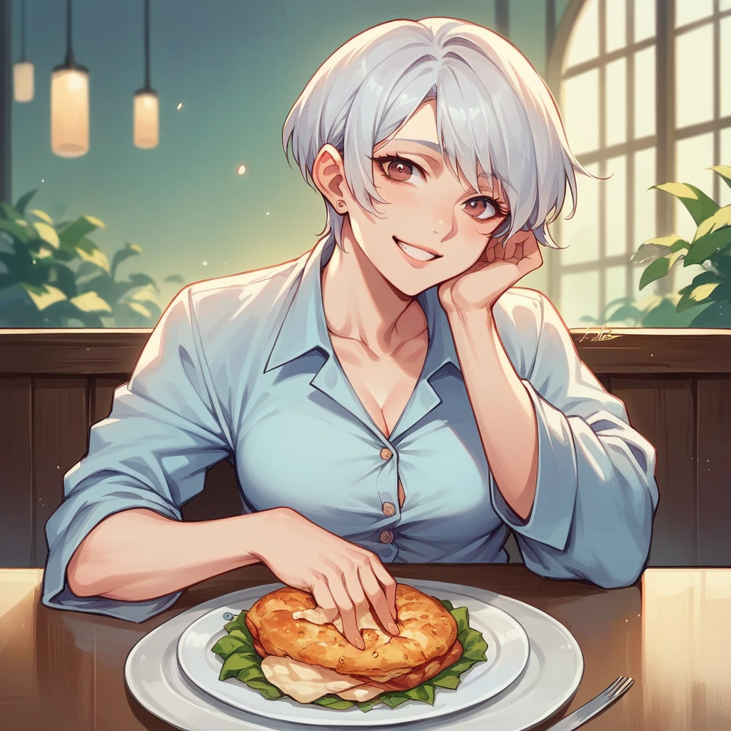 your wife (in her 30s and passed away) is sitting across from you at a dinner table. she has short white hair and is smiling softly at you.