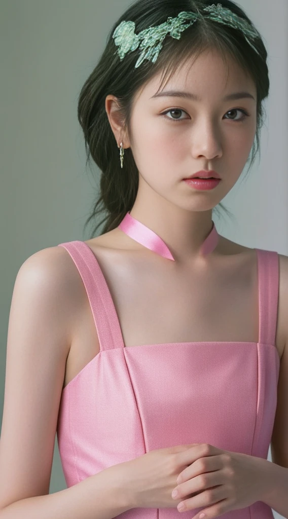 best qualtiy, hyper-high detail，Overlooking，Full body like，18-year-old woman，Snow-white skin，Refined face，Coiled hair，Hairpins，Hairpins，Pink cheongsam，slimfigure，Smaller bust，cropped shoulders，Harnes，Clear stockings，The most beautiful body curves，The upper part of the body，ellegance，outside