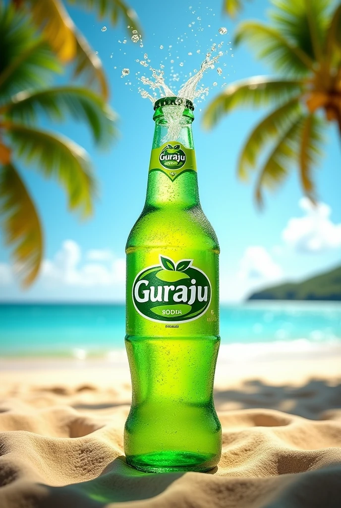 Make a bottle of soda with the Guaraju logo, with the green apple flavor and that it evokes refreshment and Brazil