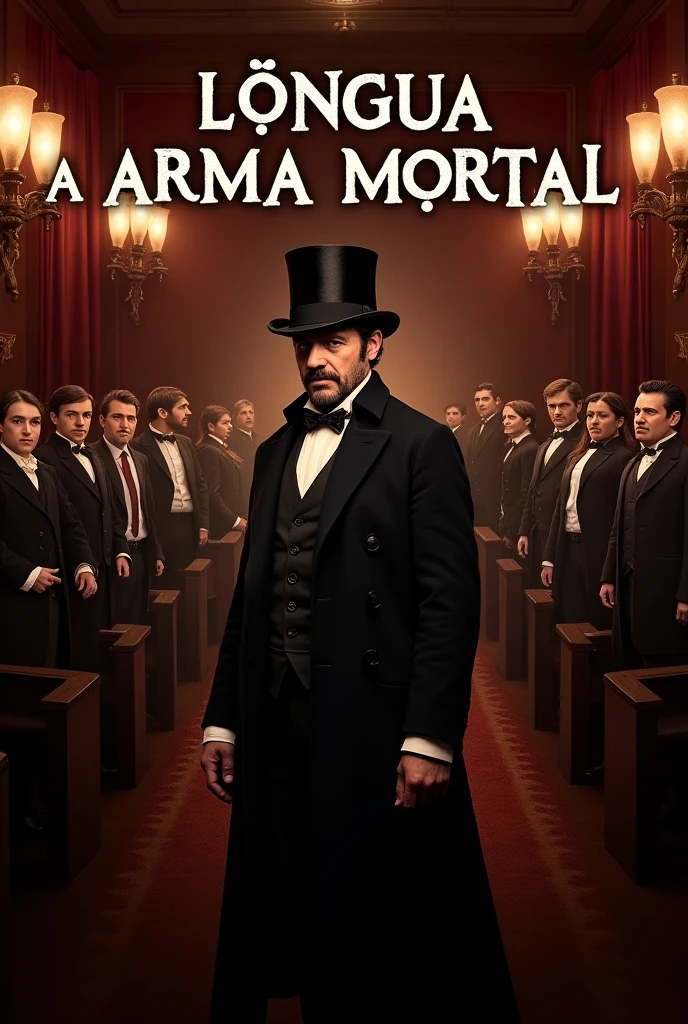 Create a poster for a play called "LÍNGUA A ARMA MORTAL" in Portuguese, featuring a man from 1858 being judged by people from that time.
