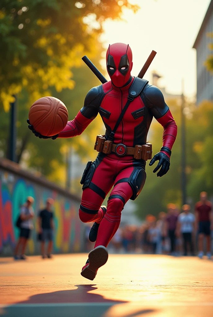 Wade Wilson playing basketball in the Deadpool costume