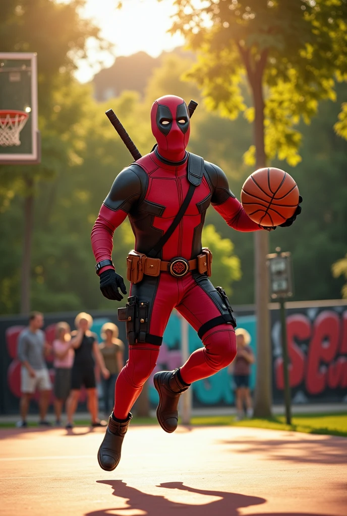 Wade Wilson playing basketball in the Deadpool costume