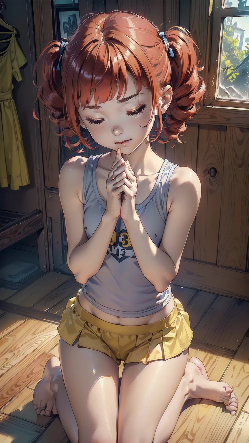 ((top quality, ultra-detailed, high resolution, extremely detailed CG, unity 8k wallpaper, by famous artist, perfect anatomy, super detailed skin, cinematic lighting, UHD, retina, anatomically correct, 1080P)), (Please draw a single one girl praying to God in a her room:1.3), ((1girl)), (Solo, face,-yeld:2. a junior hipetit girl, chibi, babyface)) androgynous charm, (Medium hair, ((full red hair)) ((redhead)), pigtails, straight bangs, with a bow in her hair, ((very thin legs)), ((skinny legs, thin body, small build)), Full limbs, complete fingers, ((perfect fingers and hands)), flat chest, small breasts, childish body, small butt, groin, Beautiful detailed full yellow gold eyes, perfect eyes, ((short and sleeveless shirt, colorful and cheerful clothes)), ((bare shoulders)), (Detailed Lighting), ((girl room background)), (Detailed scenary background), (praying to God)), full body view, Cute, kawaii single girl (one girl), full body shot, ((little young 13 years old body:1.3)losed and hands as a sign of prayers:1.3)), ((long skirt)), ((shoes)), ((hands praying)), ((five fingers for each hand:1.3)), ((red hair girl:1.3)), ((straight bangs:1.3)), ((inocent tender girl:1.3))