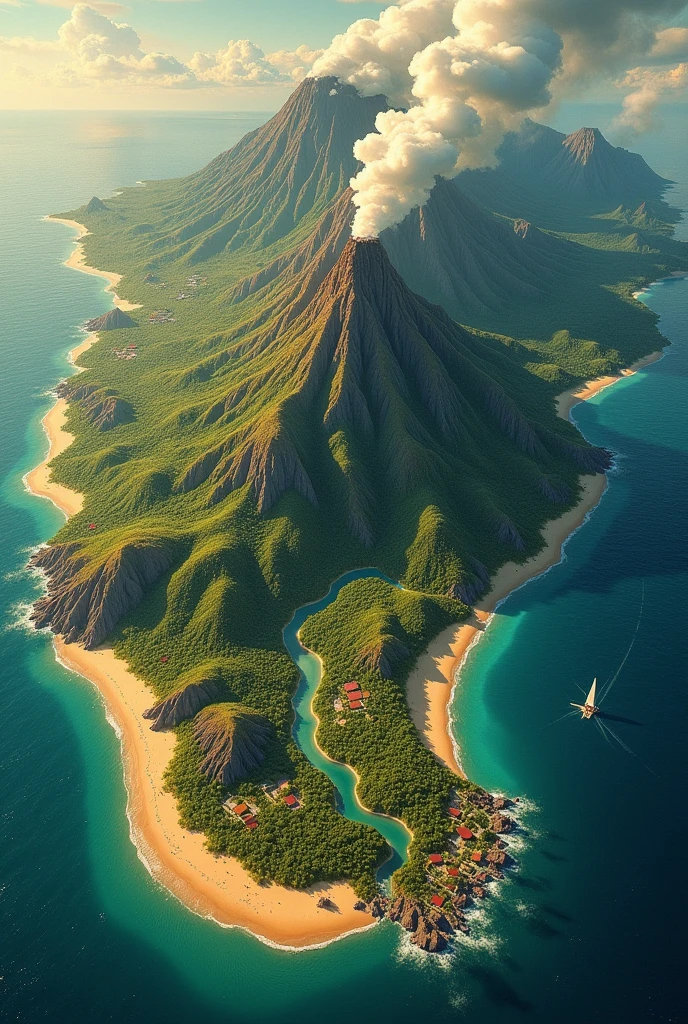 Large map containing a volcano, mountain and coast