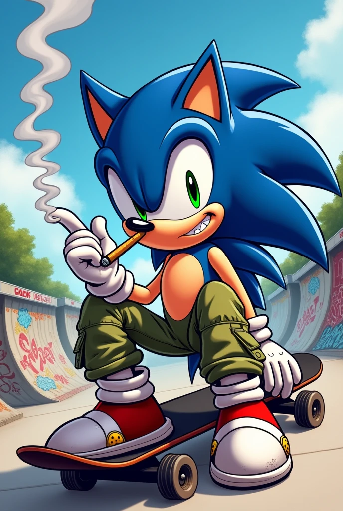 Make an image of Sonic the Hedgehog wearing cargo pants and sneakers, sitting on a skateboard, smoking a cigarette