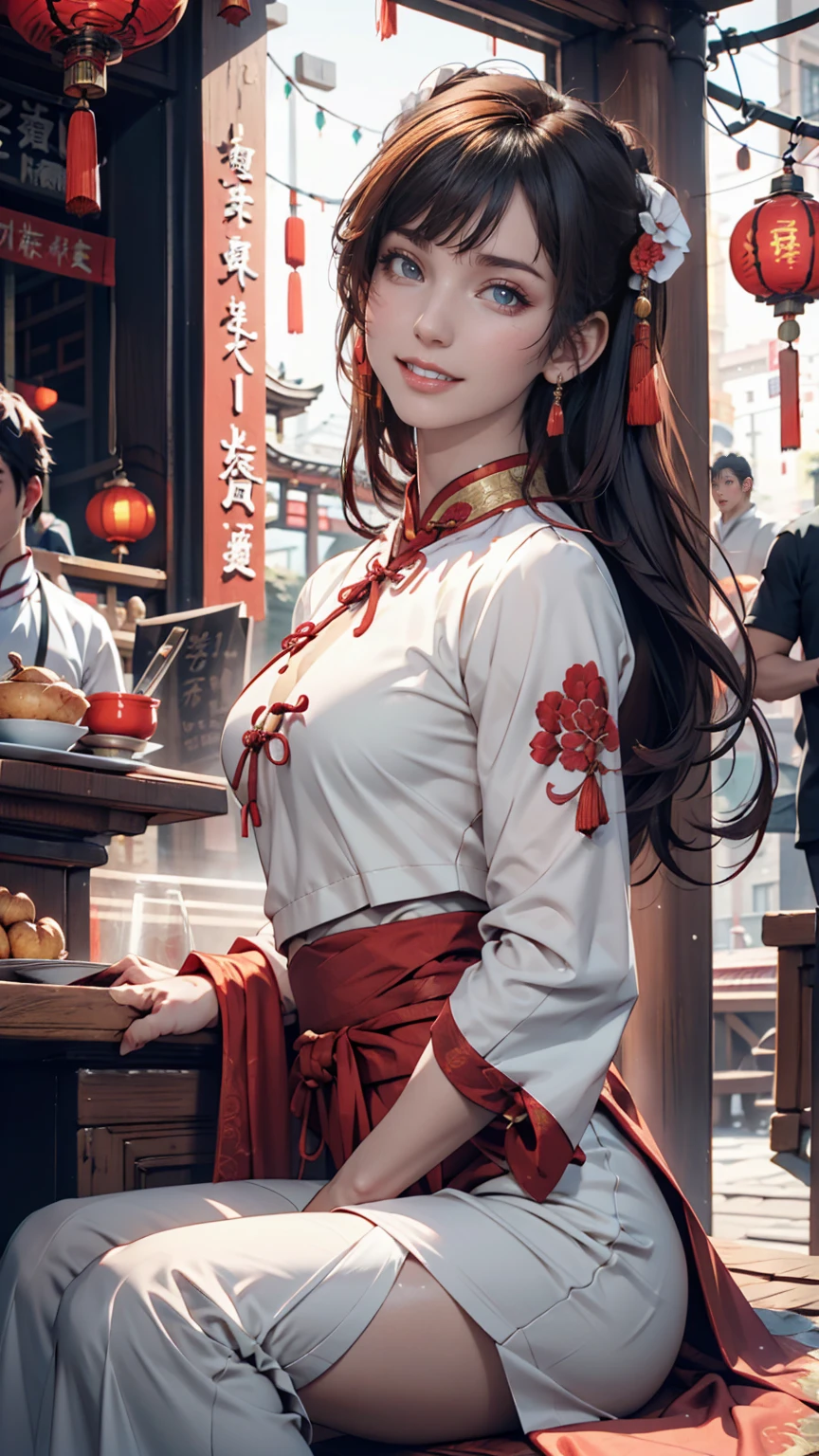 Chun-Li's face、Red Chinese clothing、Sitting and laughing、Chinatown