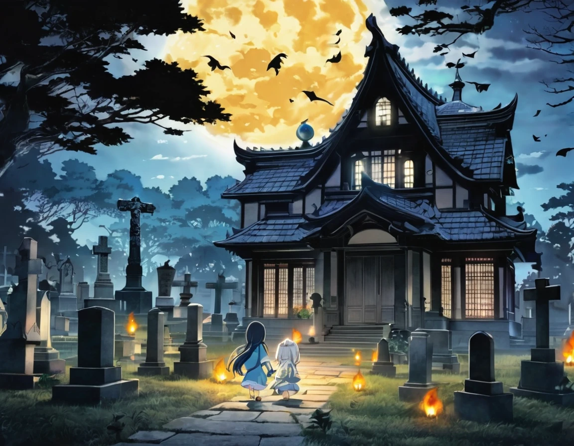 Anime character standing in front of the cemetery at night, Light blue long hair、Twin-tailed Chibi Character、Haunted house in the cemetery、Trembling with fear、Screaming in fear、Sadako emerges from the old well、scary scary、A broken lantern、A fireball is flying