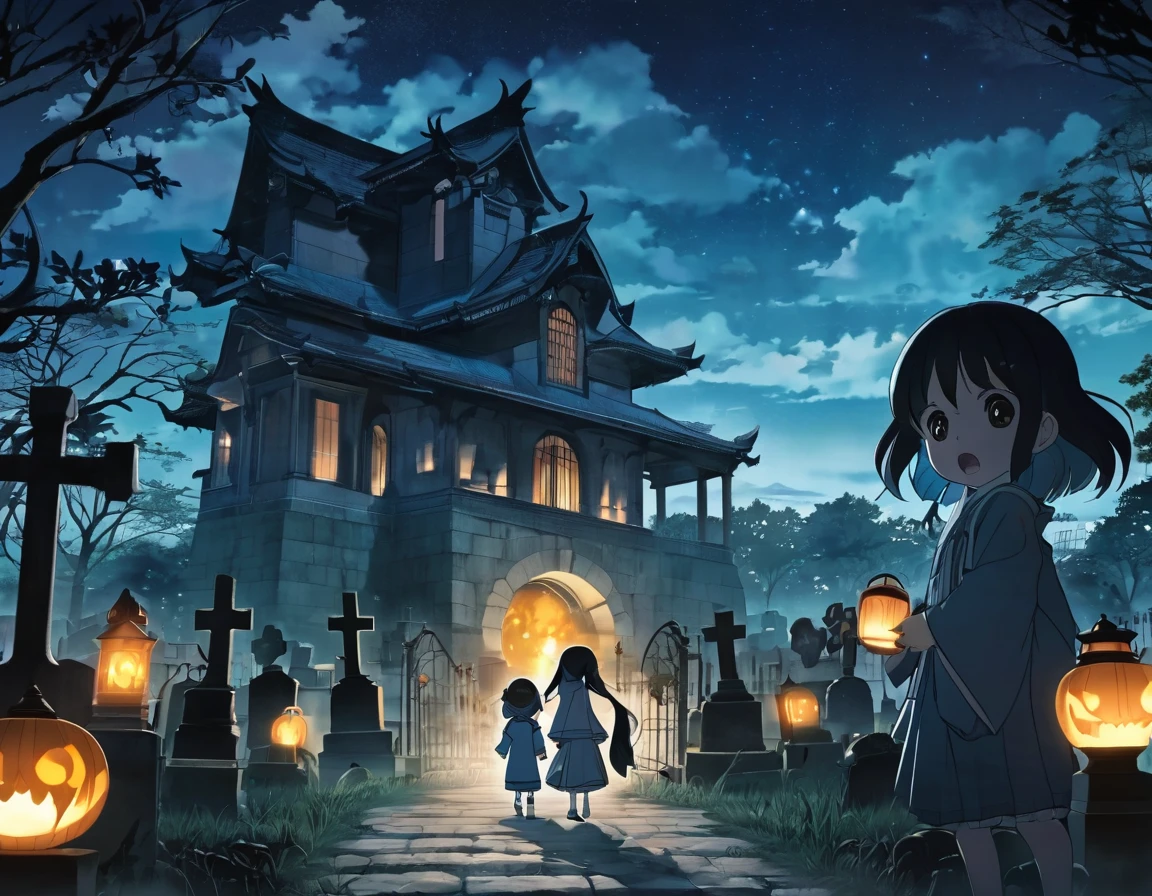 Anime character standing in front of the cemetery at night, Light blue long hair、Twin-tailed Chibi Character、Haunted house in the cemetery、Trembling with fear、Screaming in fear、Sadako emerges from the old well、scary scary、A broken lantern、A fireball is flying