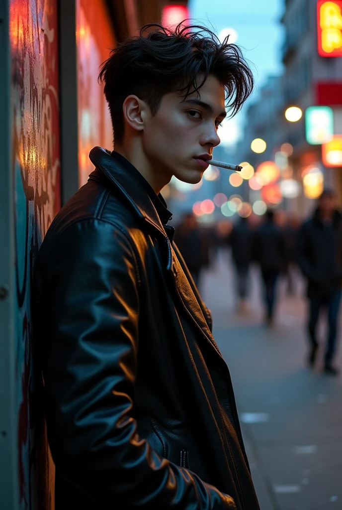 A handsome boy with thin facial features, side shot, on the street, with a cigarette in his mouth, wearing a leather coat
