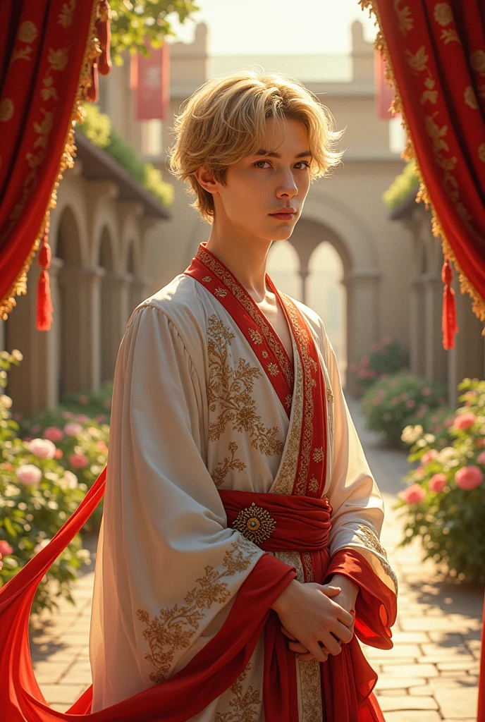 Hinata Shoyo is a delicate medieval prince wearing elegant clothes in white tones, red and gold