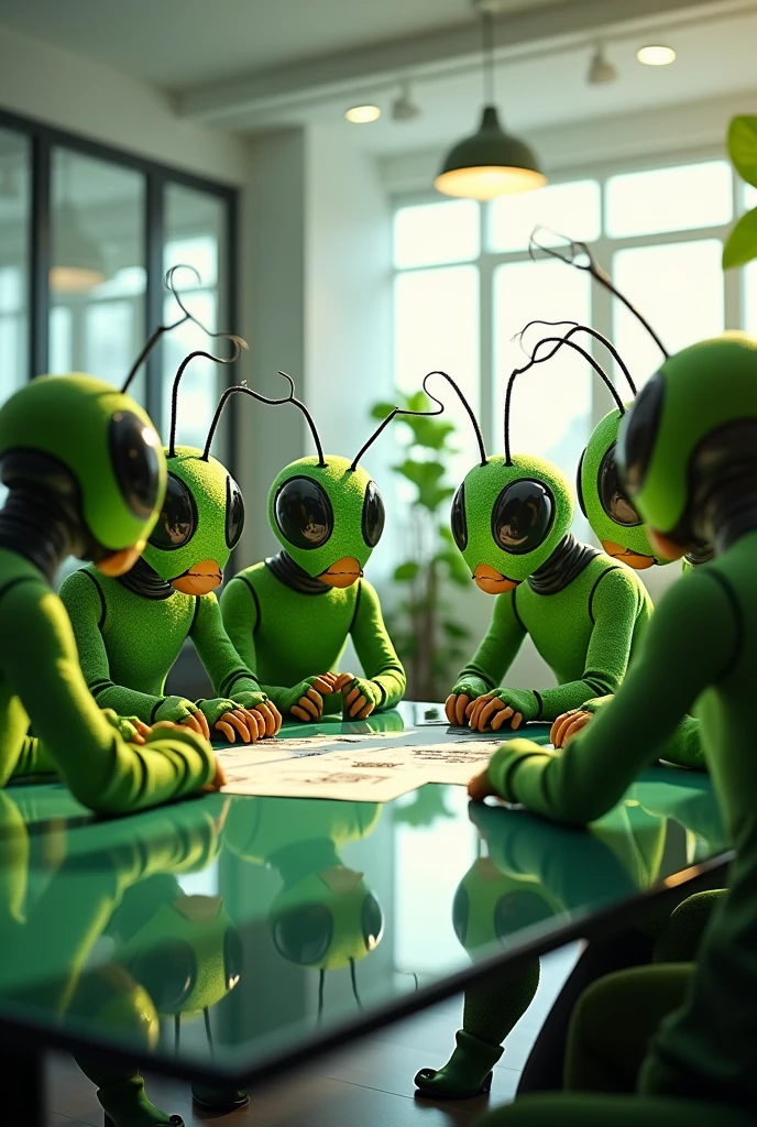 Team of 12 employees with ant faces wearing green uniforms 