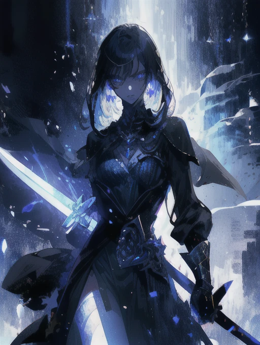 Holding a one-handed sword、Please take the black sword.、((masterpiece, highest quality, Super detailed, High resolution)), alone, beautiful girl, shining eyes, perfect eyes, , black white gold theme,