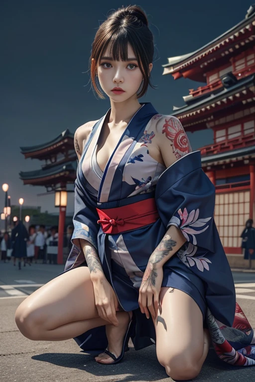 Beautiful Thai-Melanesian woman, (), pretty face,Athletic feminine body, Female fitness model body, Hard toned feminine body, (muscles: 1.2),Japanese idol,(wearing cute kimono: 1.3), Red high heels, short length,Short hair, (bob cut), (bangs: 1.2), (coloring),(kunoichi ninnjya fighter in fighting position),(tattoos all over body, 80% of body covered in Japanese tattoos: 1.4),masterpiece, perfect lighting, ultra high resolution, 32K, (highly detailed: 1.4), From the front, looking at the camera, melancholy expression,(Tokyo city, many people in the background),Too beautiful sniper,Beautiful nipples,A beautiful assassin,A kimono combat uniform with a plain pattern and mainly indigo blue,A decisive battle between the two armies across the river,Battle of Kawanakajima,A plain kimono with a plain pattern, a battle costume,(Flat Chest),A beautiful girl,Sparkling Eyes,