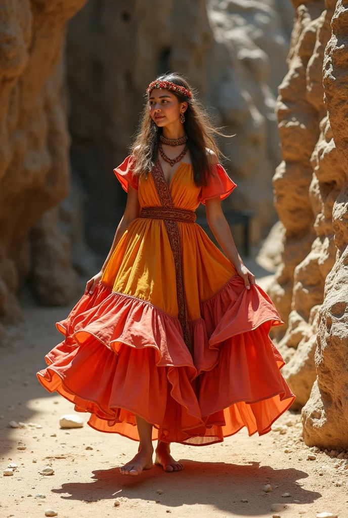 A traditional dress for June festivals, medium length and very flowy with many layers of ruffles, in the colors of cave paintings
