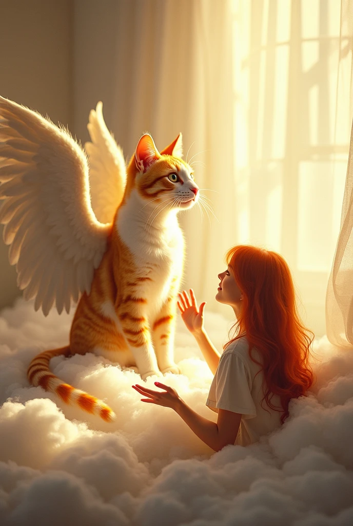 Image of a male cat, Slender yellow, slightly orange with sweet honey-colored eyes. He looks calm, this cat has angel wings and is in heaven on top of a cloud looking at a 40-year-old woman who looks down at him. Down below she is lying in her bedroom and the cat is emerging as if in a dream. This woman has long, red hair and waves to him .