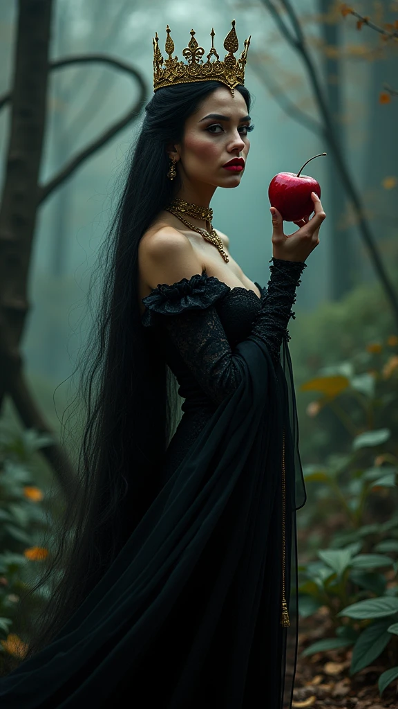 Girl,Black long hair,Black Queen,accessories,Apple in hand,Poison apples,Witch Queen,Red lipstick