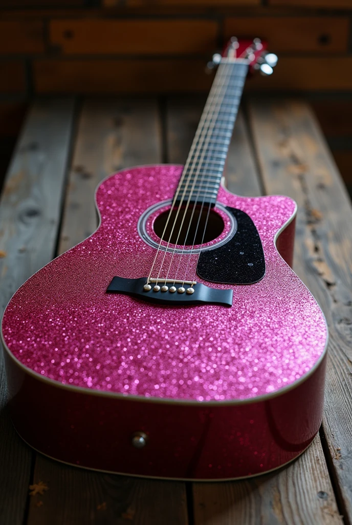 Acoustic guitar decorated with pink glitter whose shine is intensely strong on top of a wooden table without light