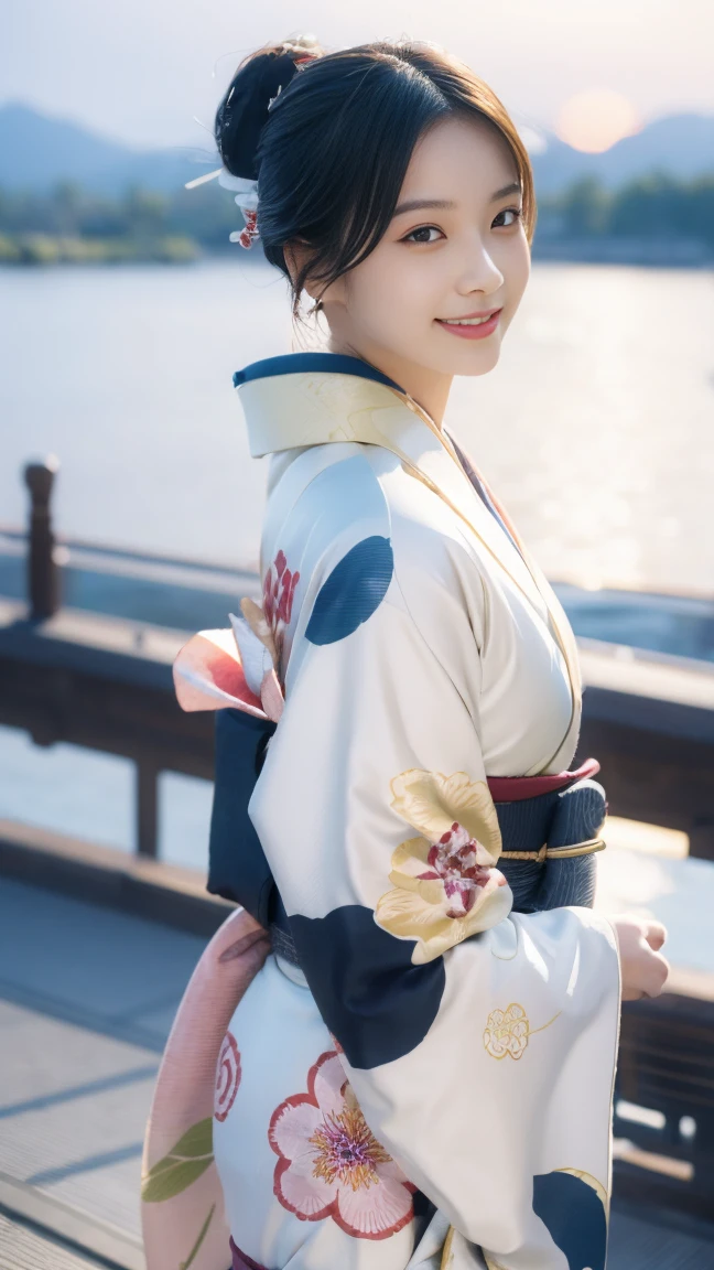 (((Highest quality, 8k, masterpiece))), Sharp focus, (Beautiful woman with perfect figure), thin,  ((kimono:1.2)), street: 1.2 非常に詳細な顔と肌の質感 詳細な目 double eyelid ランダムな姿勢, (smile), super cute Japan person, super beauty Japanese girl, Realistic Face, double eyelid,smile,Summer festival , At sunset ,Fireworks Background.