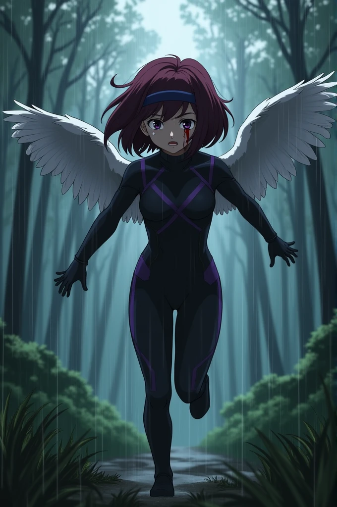 Boku no hero academia template,  girl, short burgundy hair, black eyes, It's wearing a tight black hero suit with small purple details and a headband, It has white wings. It's running for its life, It's crying and has blood on its head. It's in a forest while it's raining 