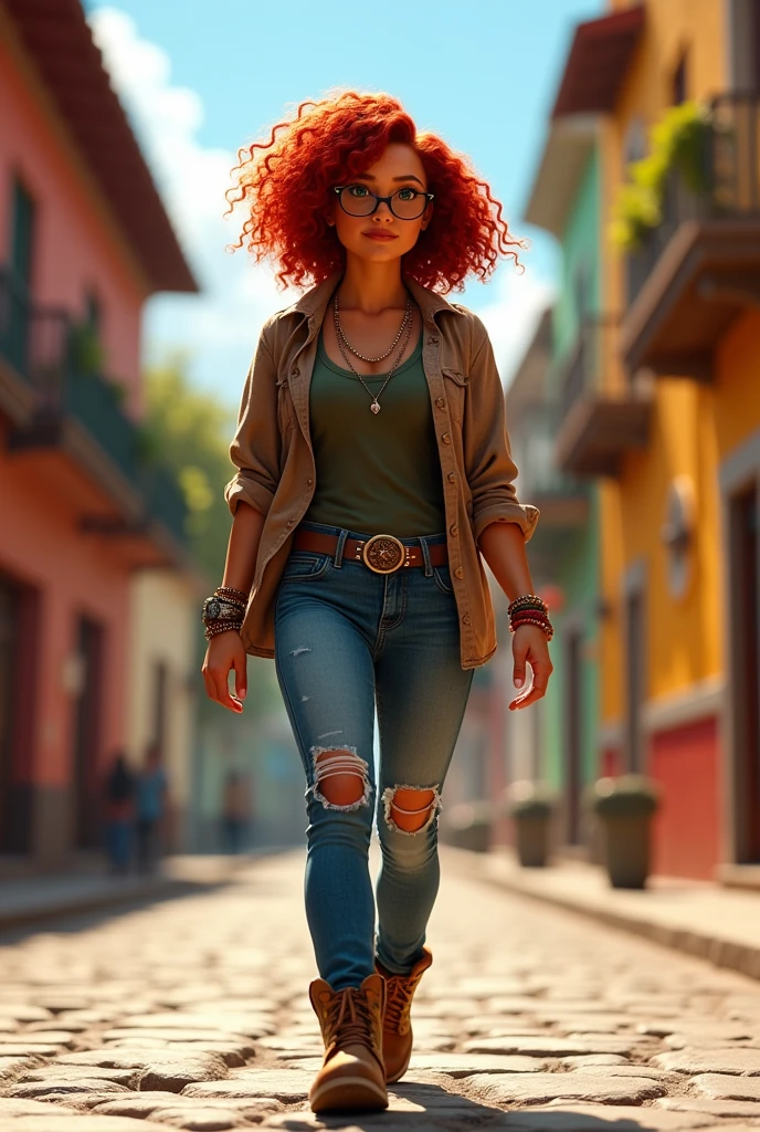 Chubby female architect with medium-short curly red hair at shoulder length, with glasses tan skin, dark eyes and hipster glasses, with bracelets and nose piercing, with rockstar style bag, ripped denim jeans, with a rock t-shirt and a canvas shirt open on top and construction boots, Walking in the streets of La Antigua Guatemala, version Disney Pixar Cartoon