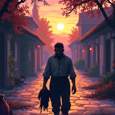 A man walks forward with dirty clothes in his hands. Pixel art in 100*100 dimensions.