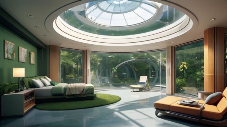 Futuristic sci-fi room decor,Chamfering everywhere,bed、White wall,White device,Electronic navigation screen,The roof is a semicircular dome screen,,,,Warm Green,Lake Green Glass Floor,White plastic,,Creative Concept:1.1, Communication network:1.2, Sci-Fi Platform:1.1, 3D 8K Rendering, 8K Artistic Rendering, Mix brightness:0.9, Mixing colors:0.9)" 3D concept rendering, 3D concept rendering, Futuristic Architecture Concept, 3D CGI Rendering