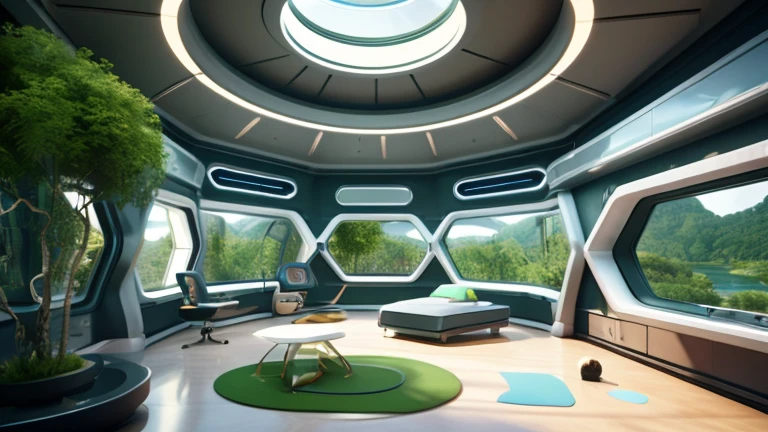Futuristic sci-fi room decor，Chamfering everywhere，bed、White wall，White device，Electronic navigation screen，The roof is a semicircular dome screen，，，，Warm Green，Lake Green Glass Floor，White plastic，，Creative Concept:1.1, Communication network:1.2, Sci-Fi Platform:1.1, 3D 8K Rendering, 8K Artistic Rendering, Mix brightness:0.9, Mixing colors:0.9)" 3D concept rendering, 3D concept rendering, Futuristic Architecture Concept, 3D CGI Rendering