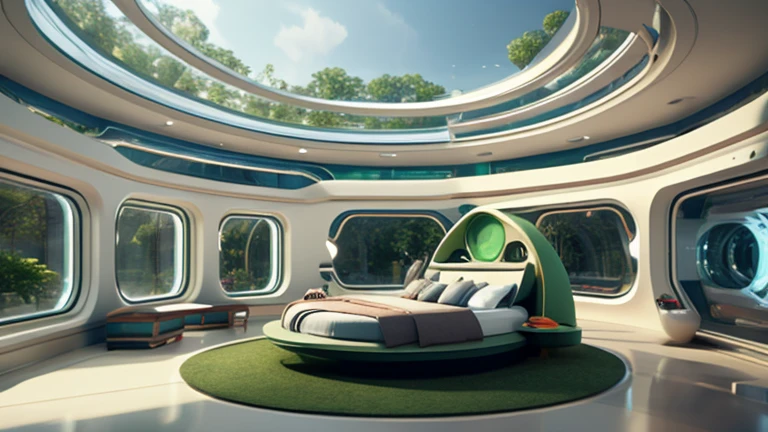 Futuristic sci-fi room decor,Chamfering everywhere,bed、White wall,White device,Electronic navigation screen,The roof is a semicircular dome screen,,,,Warm Green,Lake Green Glass Floor,White plastic,,Creative Concept:1.1, Communication network:1.2, Sci-Fi Platform:1.1, 3D 8K Rendering, 8K Artistic Rendering, Mix brightness:0.9, Mixing colors:0.9)" 3D concept rendering, 3D concept rendering, Futuristic Architecture Concept, 3D CGI Rendering