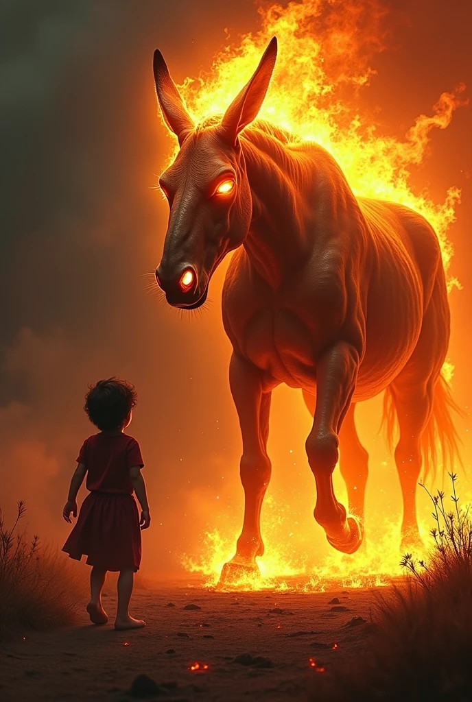 Description: "A terrifying figure, The headless mule, but with a flaming head and bright eyes, appears in the path of João. The creature has its body covered in flames and paws that raise sparks when they touch the ground. João is standing in front of the Mule, With an expression of terror, while the surrounding scenery is illuminated by flames, revealing the fear on the man's face and the menacing presence of the creature."