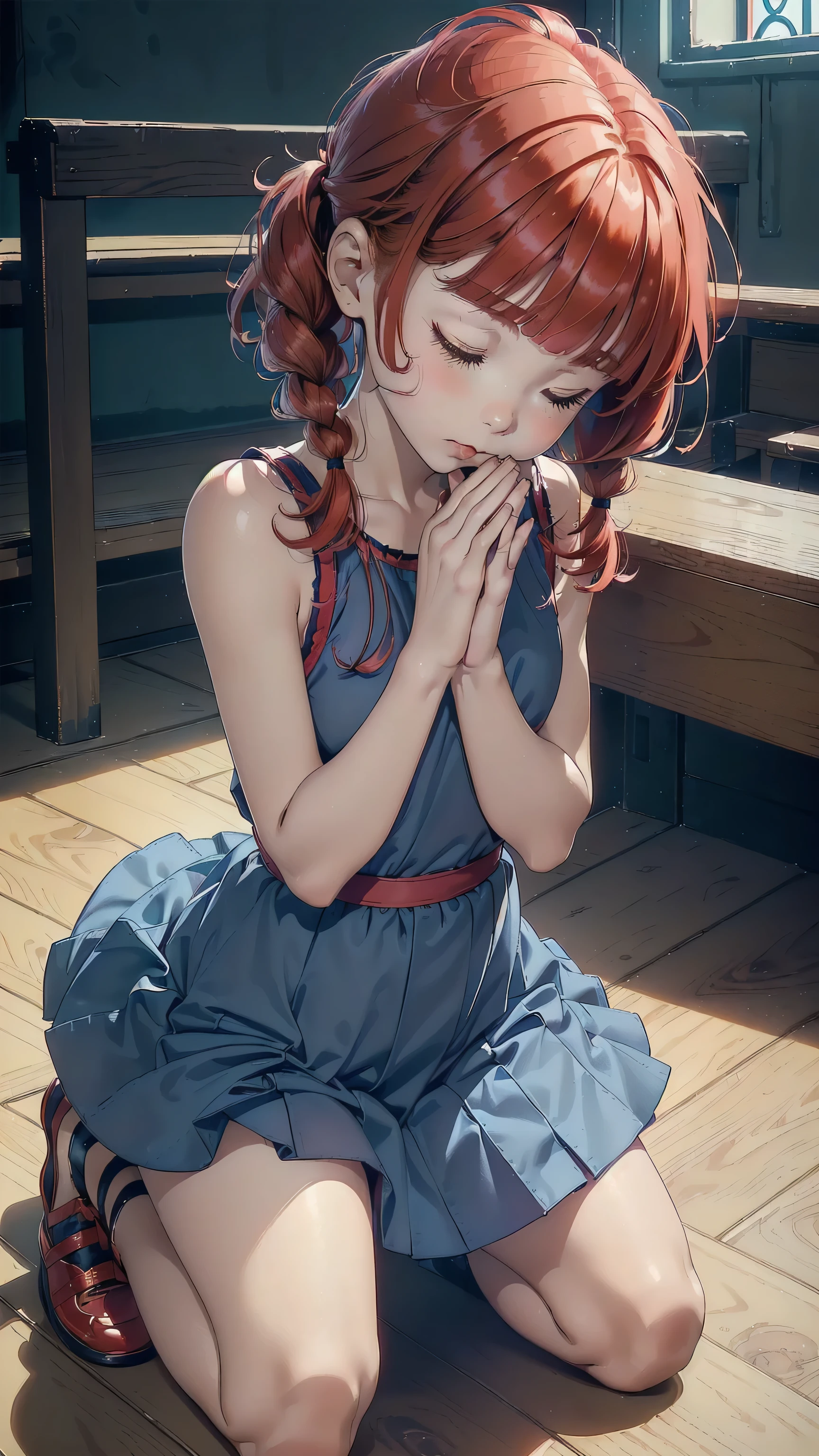 ((top quality, ultra-detailed, high resolution, extremely detailed CG, unity 8k wallpaper, by famous artist, perfect anatomy, super detailed skin, cinematic lighting, UHD, retina, anatomically correct, 1080P)), (Please draw a single one girl praying to God in a Christian church:1.3), ((1girl)), (Solo, face,13-year-old:2.0), a junior high school student, ((cute petit girl, chibi, babyface)) androgynous charm, (Medium hair, ((full red hair)) ((redhead)), pigtails, straight bangs, with a bow in her hair, ((very thin legs)), ((skinny legs, thin body, small build)), Full limbs, complete fingers, ((perfect fingers and hands)), flat chest, small breasts, childish body, small butt, groin, Beautiful detailed full yellow gold eyes, perfect eyes, ((cute kawaii blue and pink dress)) (Detailed Lighting), (christian church background)), (Detailed scenary background), (praying to God)), full body view, Cute, kawaii single girl (one girl), full body shot, ((little young 13 years old body:1.3)), ((kneeling with eyes closed and hands as a sign of prayers:1.3)), ((long skirt)), ((shoes)), ((hands praying)), ((five fingers for each hand:1.3)), ((red hair girl:1.3)), ((straight bangs:1.3)), ((inocent tender girl:1.3))
